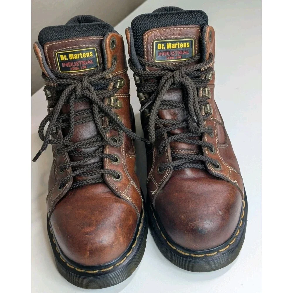 Dr. Martens DM's Industrial Steel Toe Boots Unisex M6/L7 Brow Leather Used VGC
